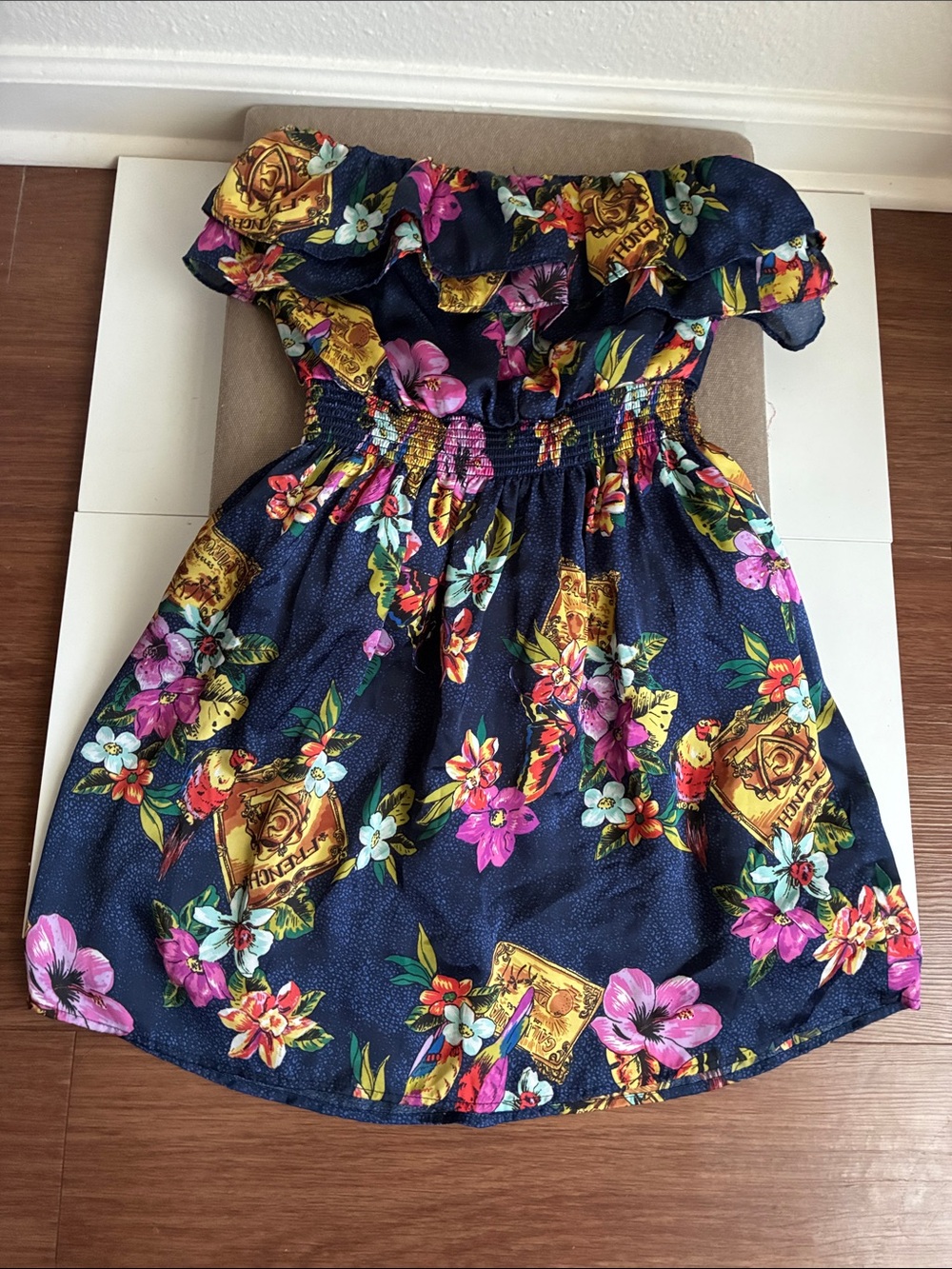 Forever 21 Navy Floral Ruffle Strapless Dress